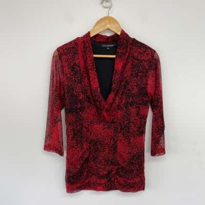 Liz Jordan Black Red Mesh 3/4 Sleeve Blouse Top  Size S 