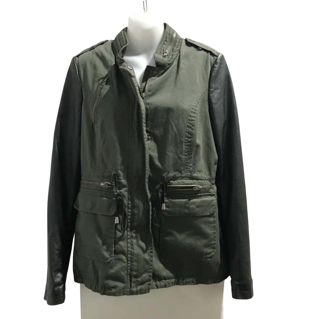 Decjuba Womens Size 12, Khaki with black "leather look' sleeves. (s)