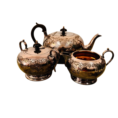 Vintage 3-Piece EPNS Silver Plated Tea Set – Intricate Victorian Engraved Scrollwork