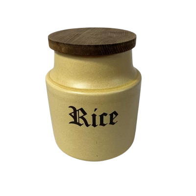 Vintage Yellow Fiana Retro Glazed Ceramic Rice Canister with Wooden Lid