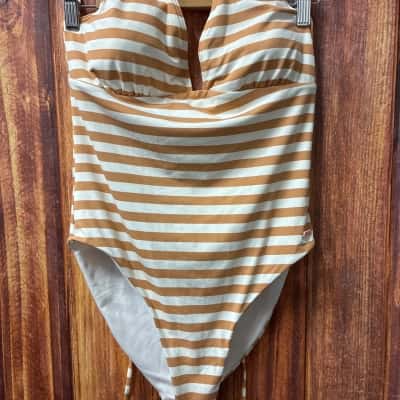 Roxy Womens Swimwear Size 12/L Orange / Striped / White 