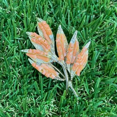  Womens Gold Tone Sprig Brooch with Coral Tone Bead Accents