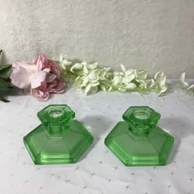 Pair of Vintage Art Deco Frosted Green Glass Candle Holders