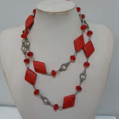 Red Stone & Crystal Bead Necklace