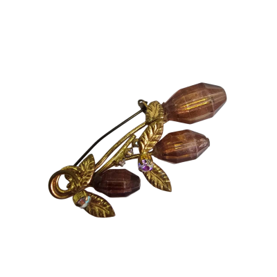 Gold plate Vintage Rhinestone Brown Plastic Flower Brooch
