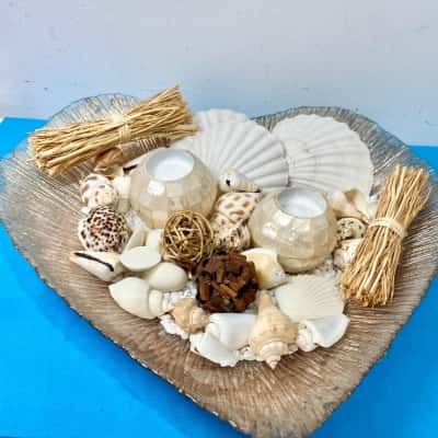 Seashell & Tea lite Candle Display in Large Love Heart Bowl