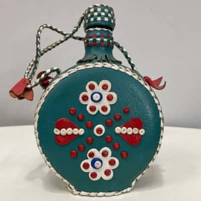 Vintage European Folk Art Leather covered Grappa bottle/ Flask