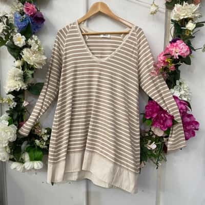 Mela Purdie Womens  Size 12 Long Sleeve Top Brown / Striped / White 