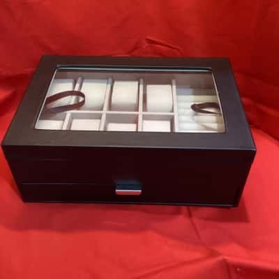 Black Faux Leather Watch Case and Jewellery box with Glass Display Lid
