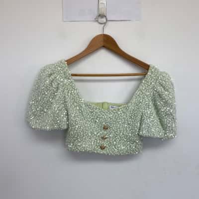 ASOS Luxe Light Green Tweed Sequin Embellishments Gold Buttons Top Size 8 