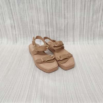  Jo Mercer Caramel Beige /Leather & Hessian /Flat Strap /Sandals Size 38 - Brand New