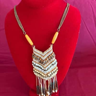  Women's Hand Crafted Beaded Necklace featuring Woven Bib Design with Tassels 
