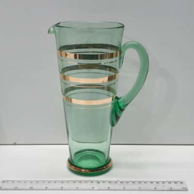 Vintage Mid Century Green Glass Pitcher Jug Gold Gilt Striped Bands 25cm