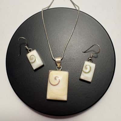  925 Sterling Silver Shive Eye Shell Necklace & Earrings Set