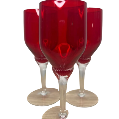 Three Bohemia Ruby Red Liquor / Cordial Glasses with Twisted Stem