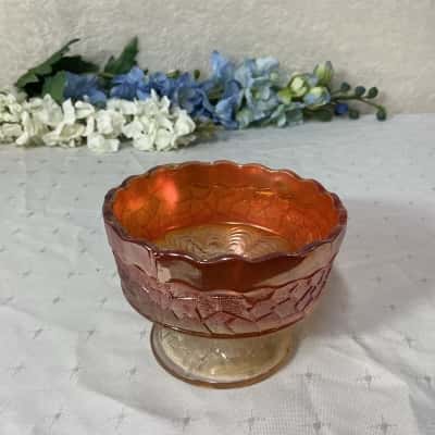 Vintage Maple Leaf Pattern Marigold Carnival Glass Compote Dish