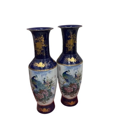 Pair of Large Asian Porcelain Peacock Floor Vases – Cobalt Blue & Gold Decorative Statement Pieces