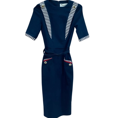  Womens Midi Dress Navy Blue / White Nautical Theme 