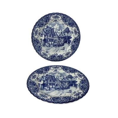 Vintage Staffordshire Tableware Staffordshire Life White / Blue Tudor Village 2 x Dinner Plates