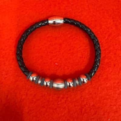  Women's Braided Leather Bracelet featuring Stainless Steel Beads & a Magnetic Closure