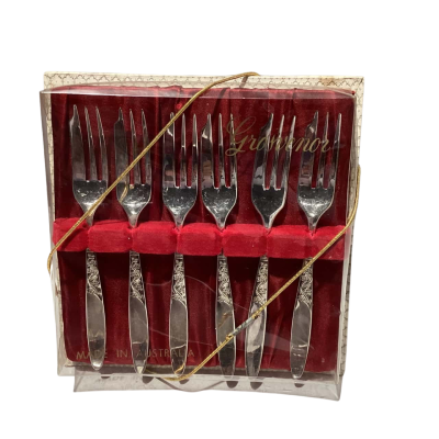 6 Vintage Grosvenor Cake Forks Silver Plate EPNS in Original Box     Brica 1
