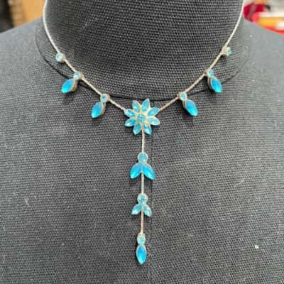 Silver Toned Necklace with Floral Blue Crystals.