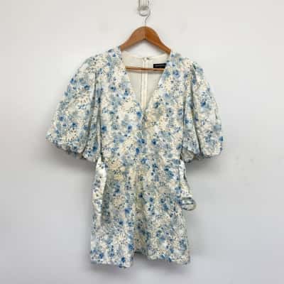 Minkpink White Blue Floral Short Puff SLeeve Mini Dress  Size XL 