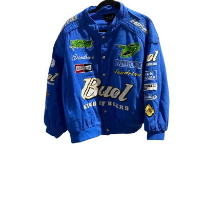 Fair Focus Mens  Size L Thick Bomber Blue multi Embroidered  Patches