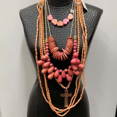 Bulk Lot of 5 Wooden Bead Necklaces, Pink & Orange