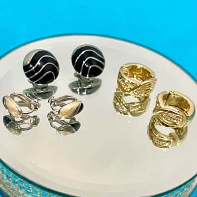 Vintage Enamel Black/Silver & Enamel Pearl & Black & Gold Diamonte Earrings