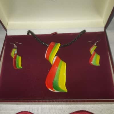 Murano Like Striped Glass Pendant & Earrings 