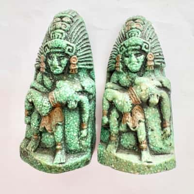Vtg. Crushed Green Stone Mexican Aztec/Mayan Statues