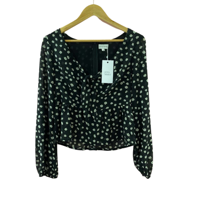 Luck & Trouble Women's Size 10 Prairie Tie Front Top Black with Small White Flowers