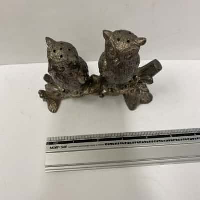 Vintage Owls Sitting on Branch Salt Pepper Shakers, metal