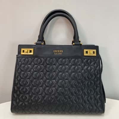 Guess Womens Quilted Sewn Medium Handbag Black  / Gold 