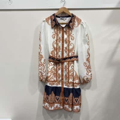 Yours truly Womens  Size 10 Long Sleeve Dress Cream / Grey / Orange 