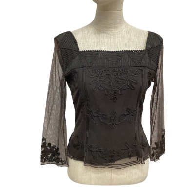 Sportmax with Embroidery Top Size 12 3/4 Sleeve Shirt Chocolate Brown 
