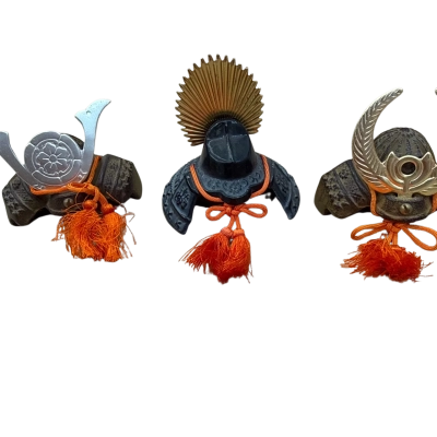 Set of 3 Traditional Japanese Vintage Samurai Cast Iron Mini Helmet, Kabuto