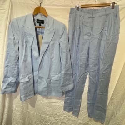 Forever New Linen Blazer Jacket Size 10 and Linen Pants Size 12 Set Blue 