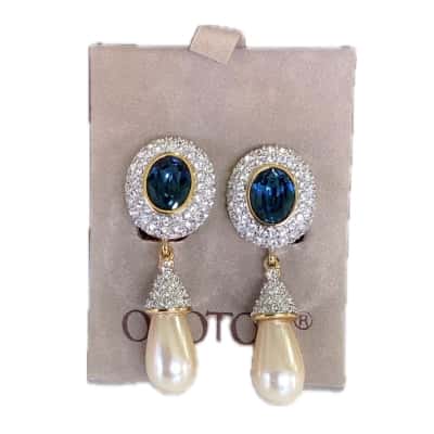 Oroton Womens Clip on Earrings Blue / Faux Pearl 
