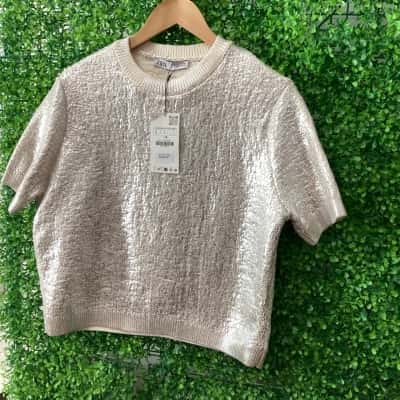 Zara Womens  Size L Cropped Jumper silver/cream
