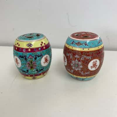 2x Vintage Chinese Jar With Lid Hand Painted Porcelain Vase Floral Decor
