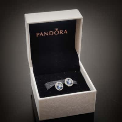 Glorious Moonlight Blue C.Z. Stud Earrings By Pandora Set In 925 Silver