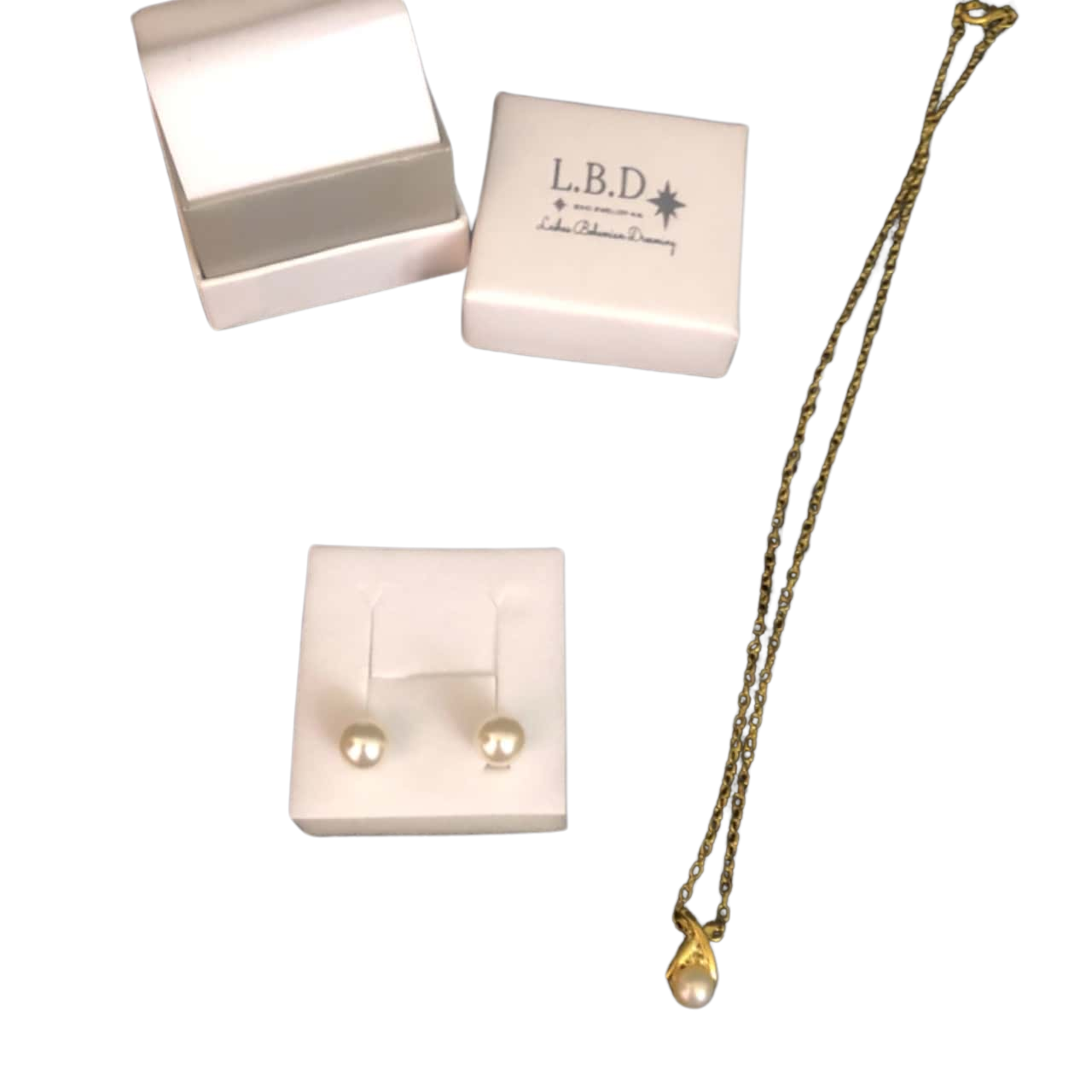 LBD Boho designs boxed costume necklace and stud set Gold / Pearl(s)