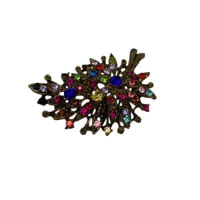 Brooch/Pendant Blue/Red Rhinestone in Bronze Setting 7cm Long