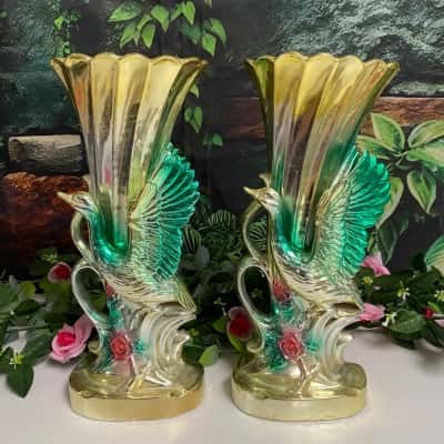 Vintage Japanese gold and green ceramic Lustreware bird vases set of 2