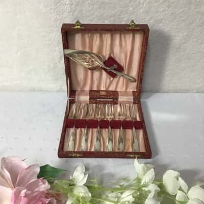 Vintage Angora Silver Plate Co Set of 6 Decorative EPNS Cake Forks & Server in Case