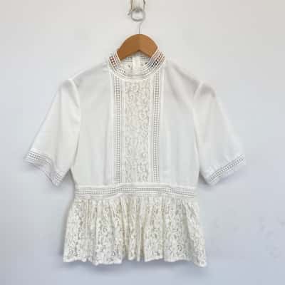 Forcast White SHort Sleeve Lace Blouse Top  Size 10 