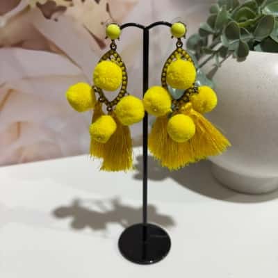  Womens Ladies Yellow Pom Pom Drop Boho Earrings Jewellery