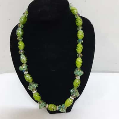 Green Glass And Crystal Beaded Necklace 